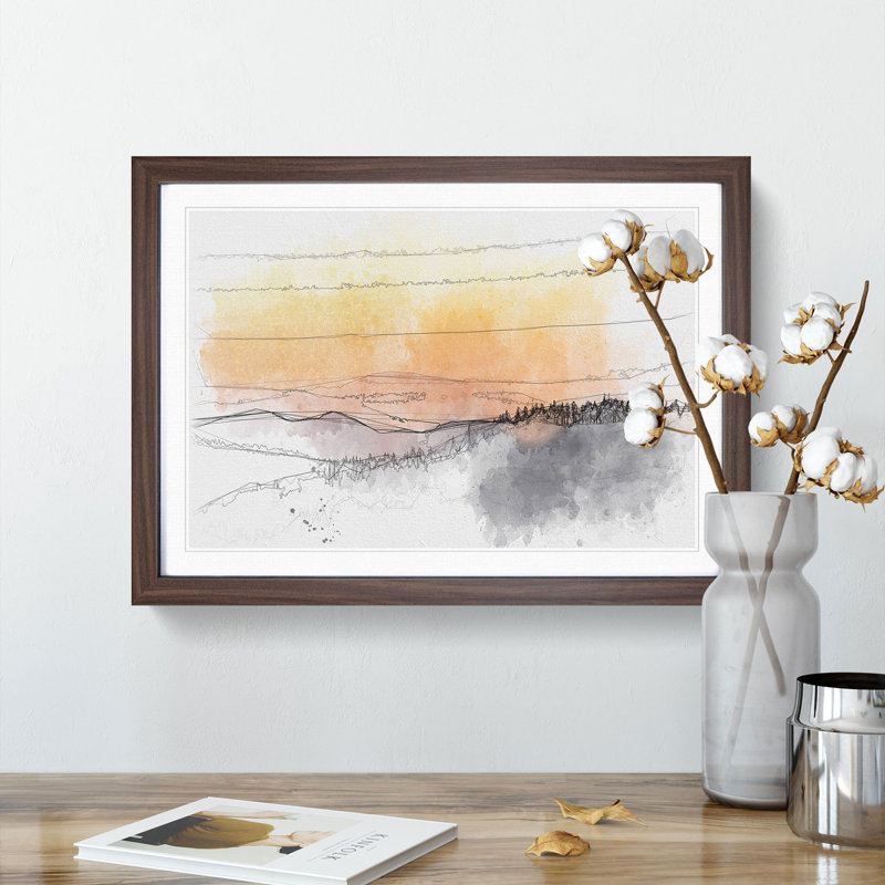 Sunset View Sketch - Picture Frame Graphic Art Print, 62cm H x 87cm W x 2cm D, Walnut Framed