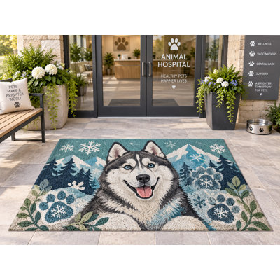5' x 7' Outdoor Area Rug Siberian Husky Winter Botanical Heavyweight Waterproof PVC Coil Loop Carpet, Heavy Duty Patio Rug, Quick Dry Indoor Outdoor Mat for Porch Deck Balcony Entryway RV Camping