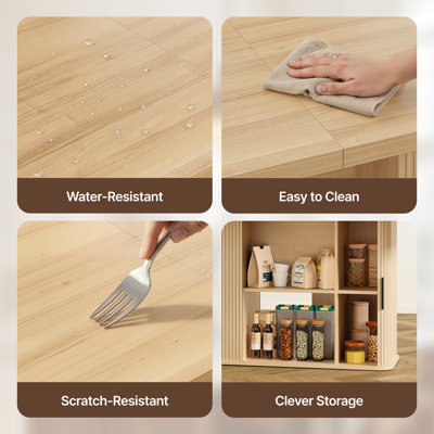 Table de salle à manger SUNCOZE 70 po pour 4 à 6 personnes, table de salle à manger extensible avec tablettes de rangement, plateau épais de 1,38 po, finition en bois naturel résistante aux égratignures, multi-usage pour le bureau de la cuisine de l