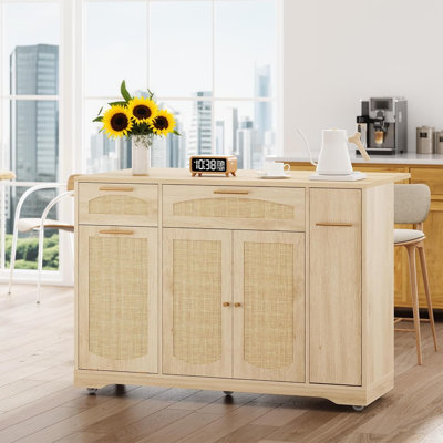 Rattan Rolling Kitchen Island Table on Wheels with Drop Leaf, Tilt Out Trash Can Cabinet with 2 Door, Storage Cabinet, 2 Drawer, Spice Rack, Kitchen C