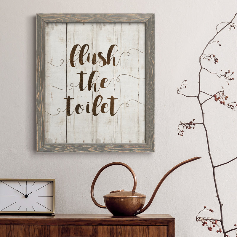 «Flush the toilettes», art textuel sur toile, H 37,5 po x l 27,5 po x P 1,5 po, Gris