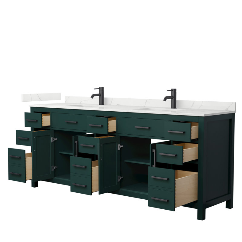 Meuble-lavabo double autoportant 84 po avec plateau en quartz Beckett, Vert, Noir mat, Quartz Giotto
