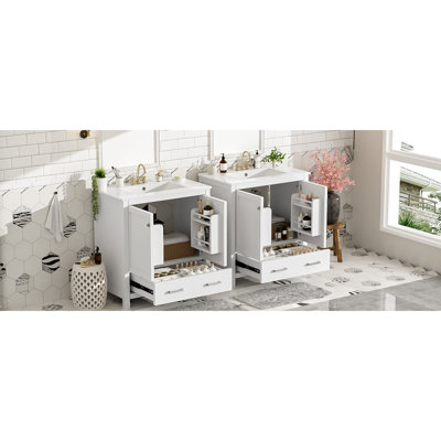 Ensemble de meuble-lavabo avec double meuble-lavabo (séparé), double lavabo en céramique, tablette de rangement et tiroirs divisés, meuble-lavabo