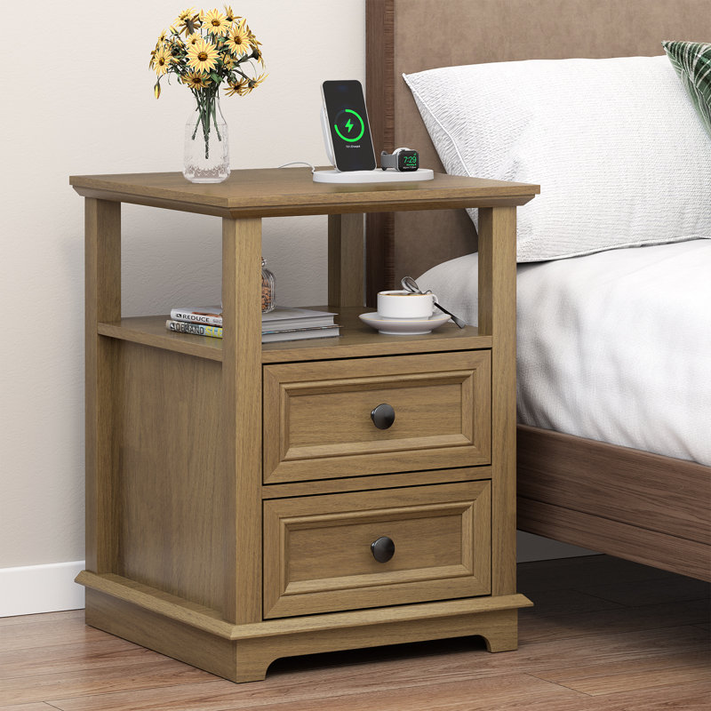 Chaky 2 - Drawer Nightstand with Storage and Built-In Outlets, Brown, Set of 2