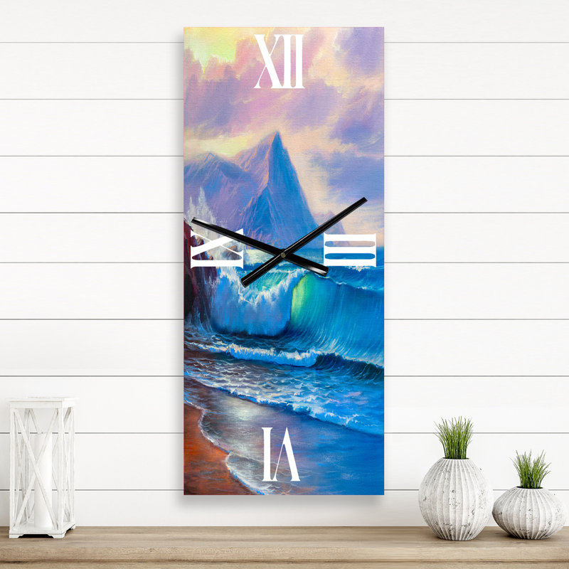 Vagues bleues se brisant à la plage I - Horloge murale nautique et côtière, Grand