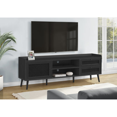 Meuble télé, console de 72 po, meuble multimédia, meuble de rangement, salon, chambre à coucher, stratifié noir, pieds en bois, transitionnel