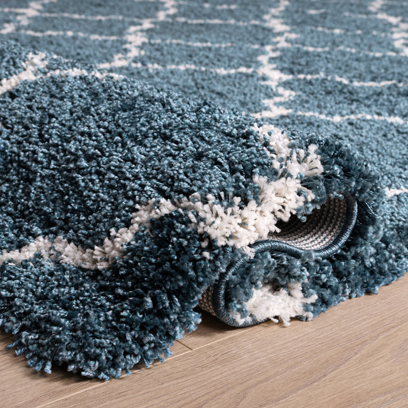 Darrold Shag Performance Geometric Rug, Square 3', Slate Blue/Ivory