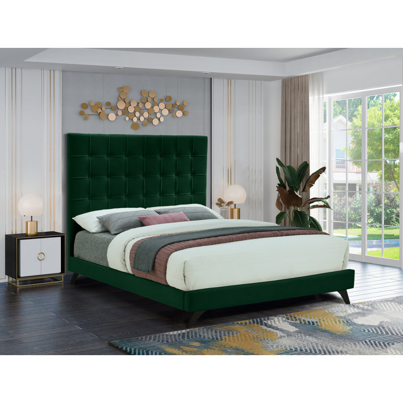 Lit plateforme tapissier Elly, Très grand lit, Velours vert