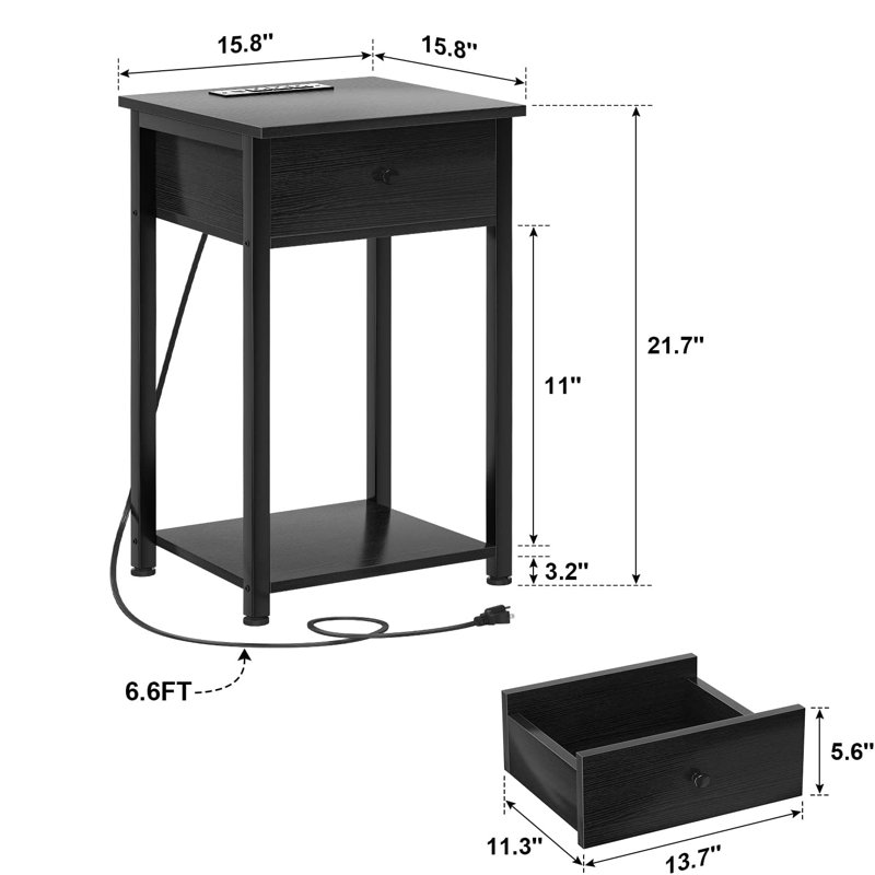 Solid Wood Top End Table Set with Storage and Built-In Outlets, Black