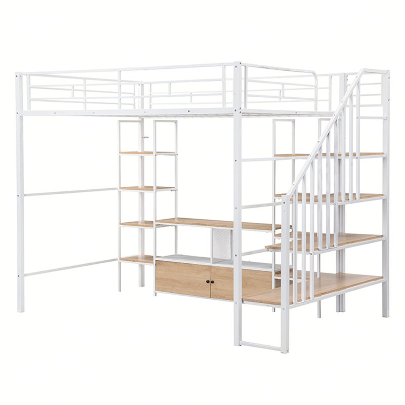 Lit mezzanine en métal avec escalier, table de rangement basse et tablettes de rangement, Blanc