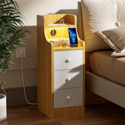 Narrow Bedside Cabinet with 3 Drawers & 2 Open Shelves, White-Brown Slim Nightstand with RGB LED Light & UK Charging Station 2AC/2USB, Wooden Corner Side Table for Bedroom Living Room Sofa Side, UK Plug