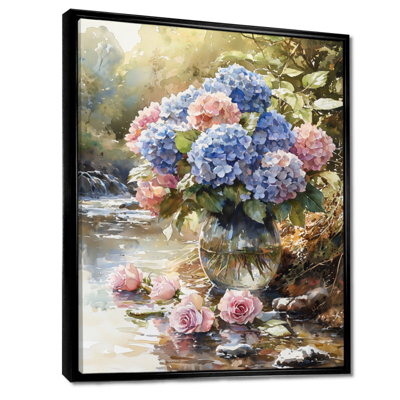 Chapman, Hortensias et roses au bord de la rivière - hydrangées, art mural, Noir, H 20 po x l 12 po