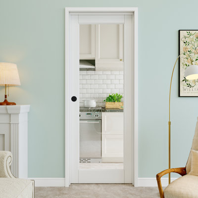 Porte pré-suspendue intérieure en verre clair 28 po x 80 po 1-Lite avec bouton rond et charnières noires, dalle de porte en verre transparent, peint et imperméable, combinaison pour la lessive, portes de placard, portes de pièce, droite