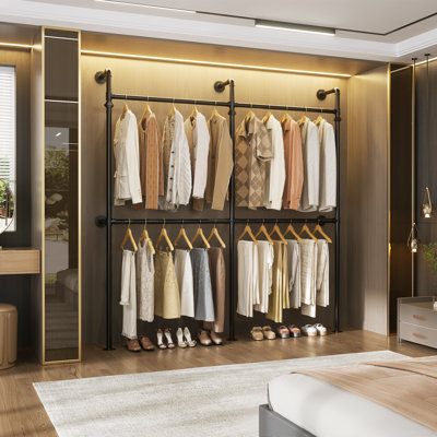 Industrial Pipe Clothing Rack, Heavy Duty Garment Rack, Corner L Shaped Walk-In Closet System, Wall Mounted Closet Wardrobe