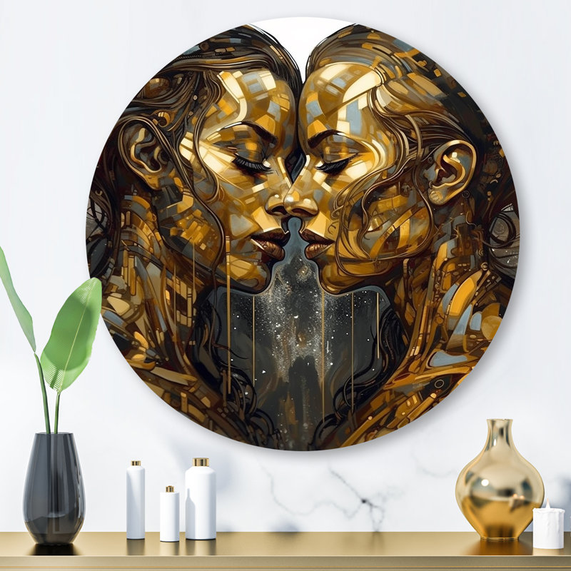 Acrylic Couple Kissing V - Abstract Marble Round Wall Art on Metal, 29" H x 29" W x 1" D