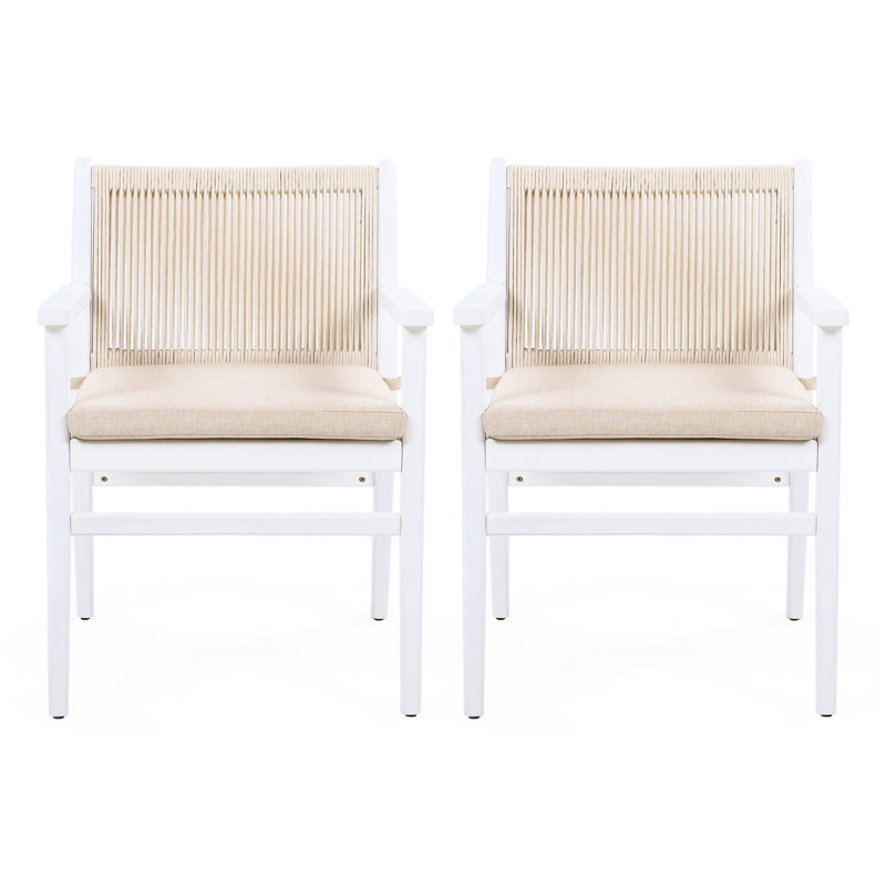Chaise d'extérieur pour 2 personnes en bois avec dossier en corde, coussin imperméable, structure blanche, support de poids de 400 lb, fixation du coussin lavable à la machine, conception ergonomique confortable, s'adapte au balcon
