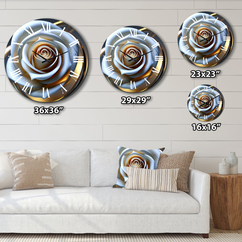 Horloge murale Exquiste - rose blanche avec pétales glamour dorés, Grand