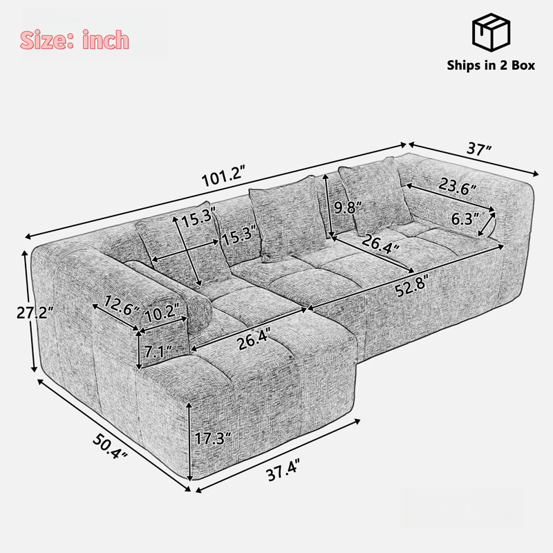Boneless 2 - Piece Upholstered Sectional With Pillows, No Assembly Required Free Combination Sofa, Blue Chenille