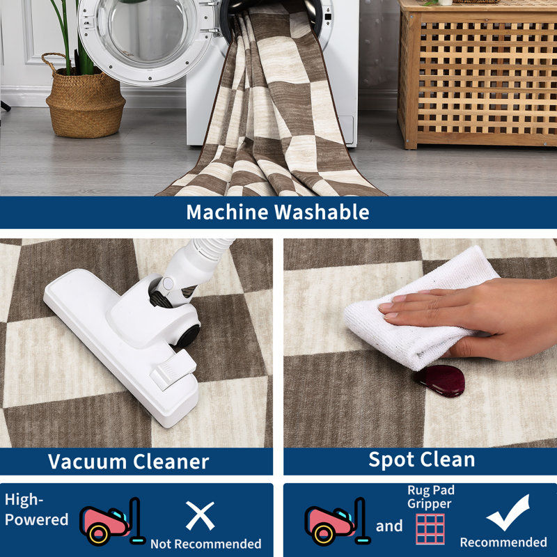 Large Checkered Area Rug – Machine Washable, Non-Slip, Low Pile, Soft & Mark Resistant Carpet for Living Room, Bedroom, Dining Room, Office – Brown, 9x12ft (USA)
