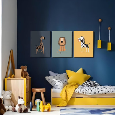 Chambre d'enfant 3 pièces encadré girafe lion zèbre faune jungle œuvre d'art murale impression sur toile affiche murale mignonne caricature galerie bébé chambre à coucher salle de jeux chambre de bébé décor 12 x 16 pouces prêt à accrocher