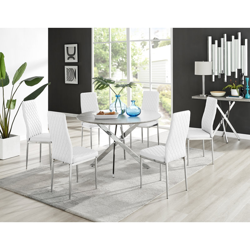 Tierra Modern Chrome Metal & Glass Round Dining Table Set with Quilted Faux Leather Chairs, 6, White/Chrome