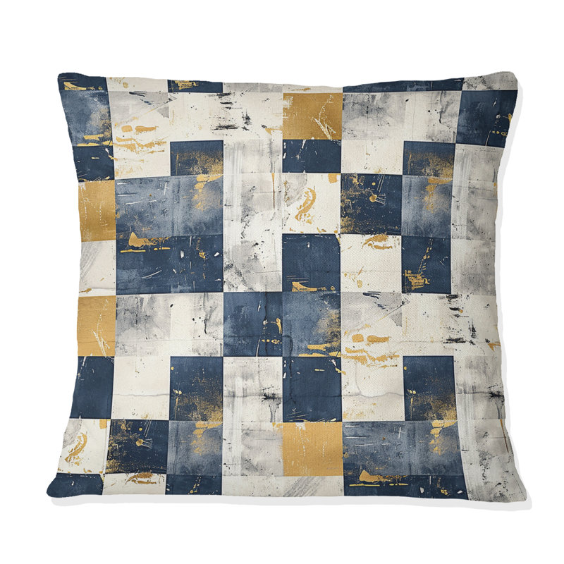 Coussin Mid-Century Gingham I - Mid-Century Blue Gold, H 16 po x l 16 po
