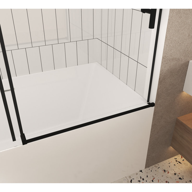 Frameless Shower Door with Clear Tempered Glass and Stainless Handle, Matte Black