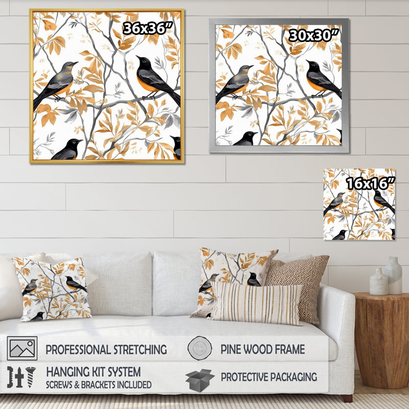 Oiseaux bruns noirs sur arbres - reproduction, Cadre flottant noir, H 30 po x l 30 po x P 1 po