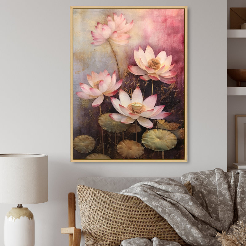 " Vintage Pink Lotus Symphony II ", 32" H x 16" W x 1" D, Natural Canvas
