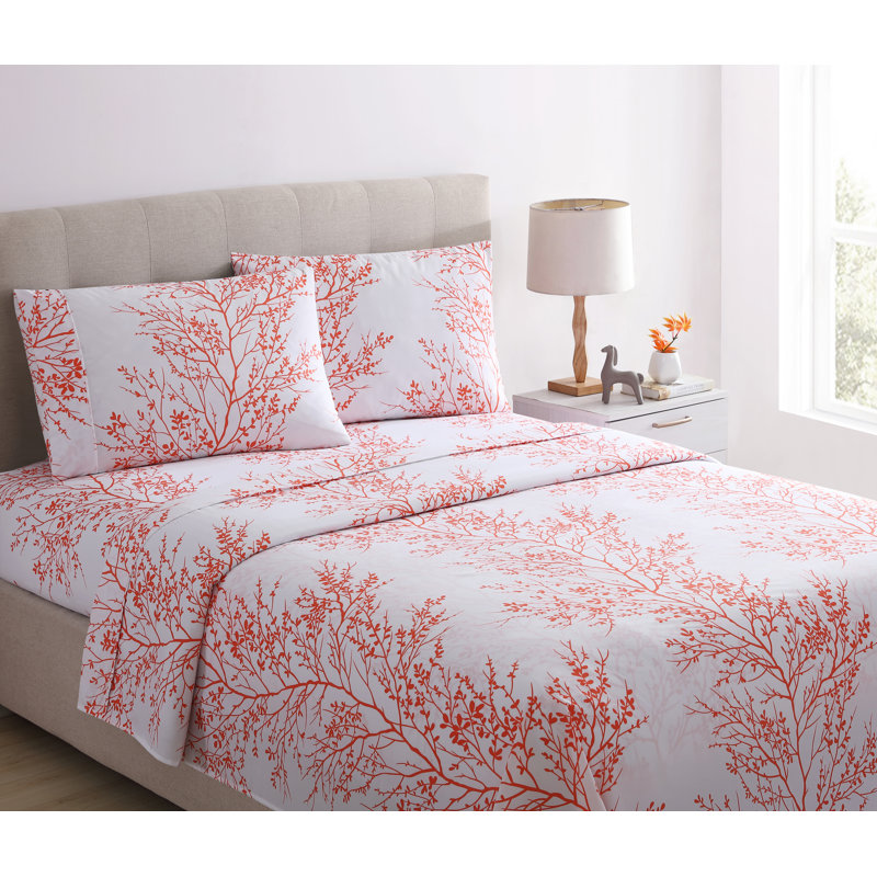 Microfiber Floral Sheet Set, King Sheet Set + 1 Fitted Sheet + 2 Pillowcases, White/Coral