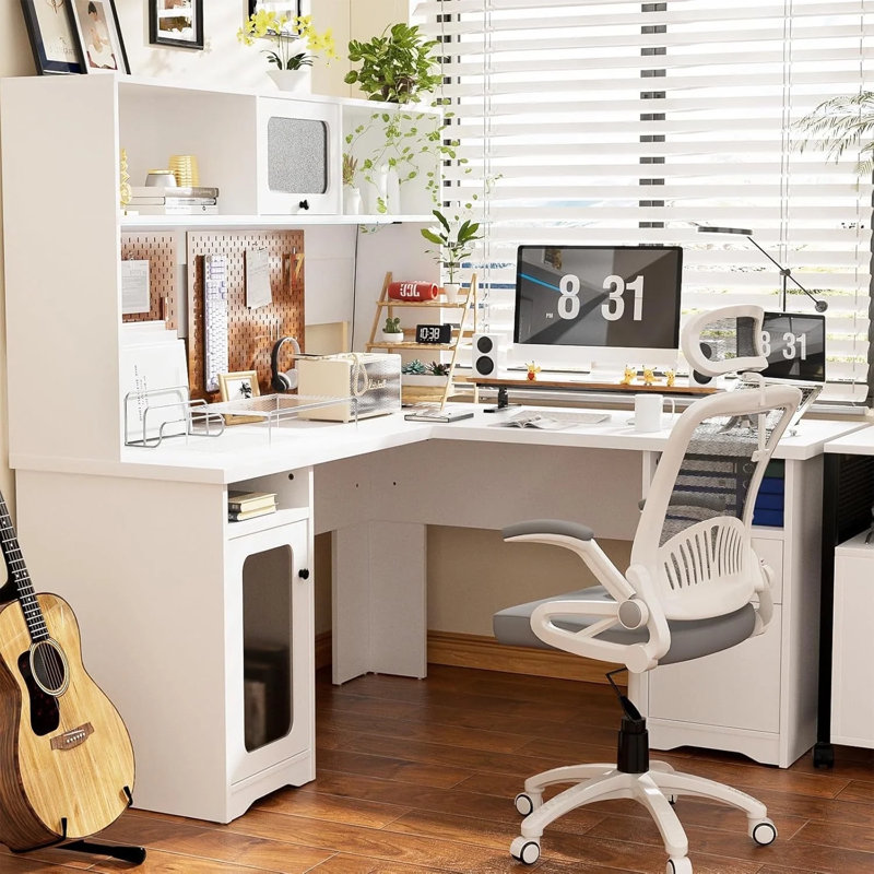 Bureau en V avec tiroirs Vello, Blanc