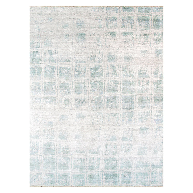 Tapis ivoire / turquoise moderne à motif géométrique noué à la main, Rectangle 3 pi 1 po x 8 pi 5 po