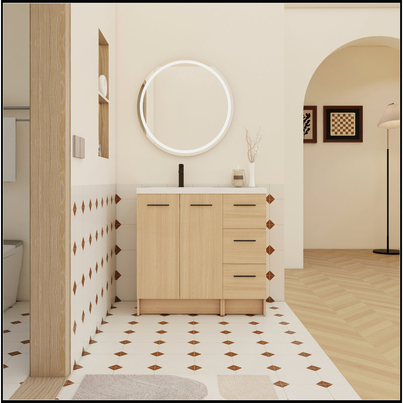 Meuble-lavabo autoportant modulaire de 36 pouces avec lavabo en résine, finition chêne clair et beaucoup de rangement pour les salles de bain modernes