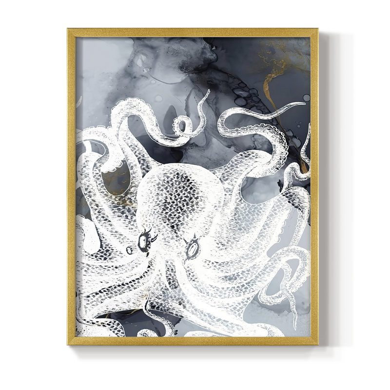 «Octopus Ink II», reproduction encadrée - bois massif, Or, H 10 po x l 8 po