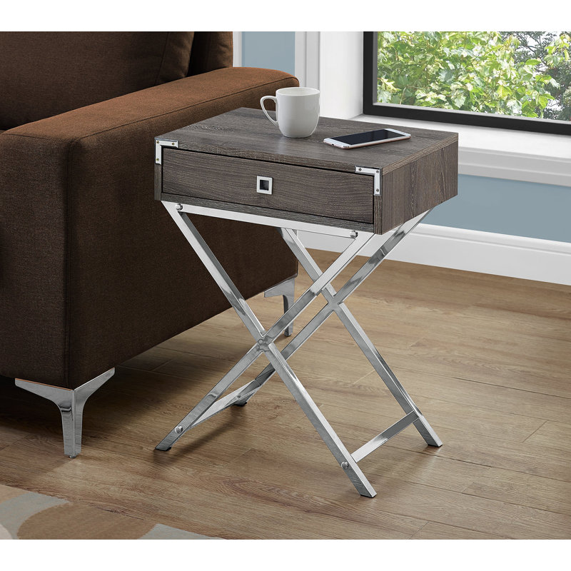 Table de bout, table de bout, table de bout, table de chevet, tiroir de rangement, stratifié brun, métal chromé, contemporain, moderne