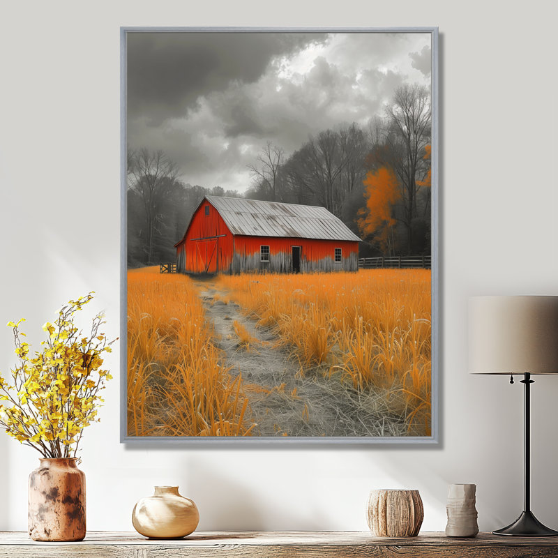 Red Autumn Barn - Havre historique - décoration murale grange, H 20 po x l 12 po x P 1 po, Toile argentée avec cadre flottant