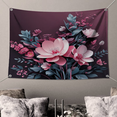 Pink Paper Flowers Bouquet Wall Tapestry - Floral Wall Decor
