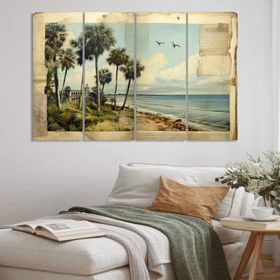 «Vintage Florida Collage Palm Trees and Beach VI» sur toile, reproduction de 4 pièces