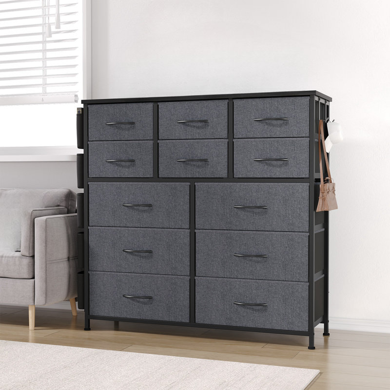 Dresser For Bedroom, Tall Storage Dresser With 12  Fabric Drawers And Side Pockets, Chests Of Drawers Organizer, Black
