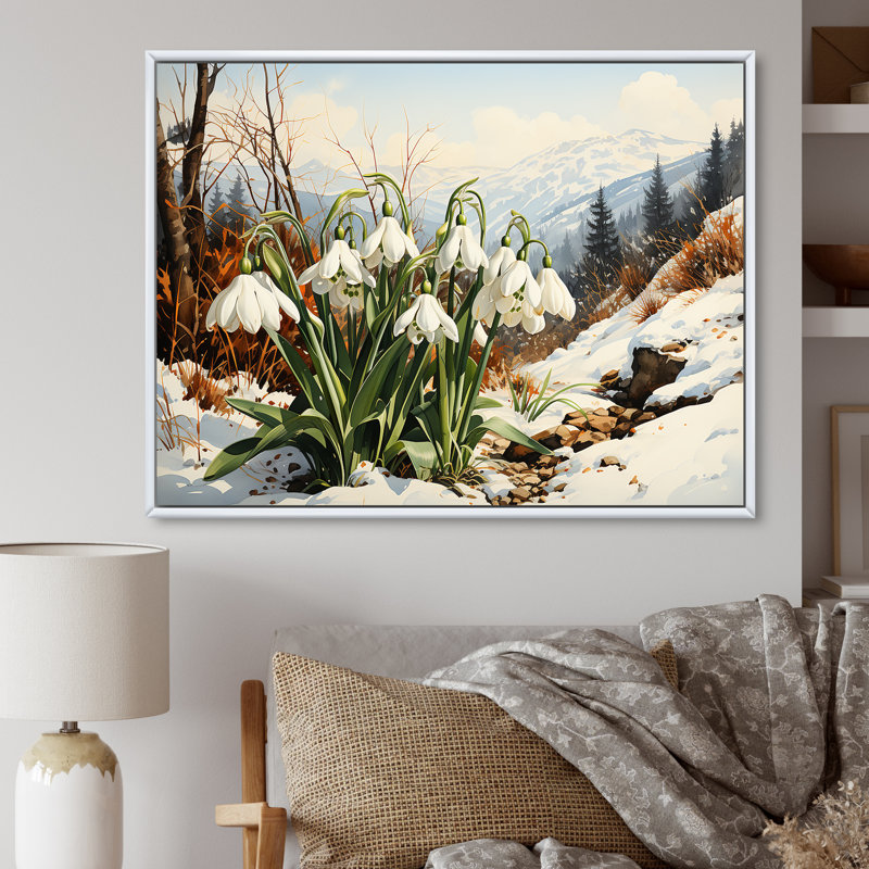 Impression sur toile Mountain Snowdrops Charm In Winter II - Snowdrops, H 24 po x l 32 po x P 1 po, Cadre flottant blanc