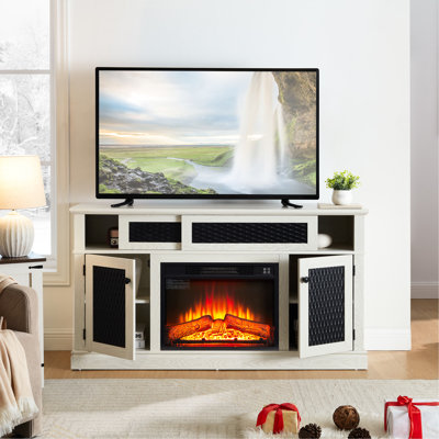 Meuble télé blanc avec design et foyer - Tablette coulissante compatible 65 po, finition