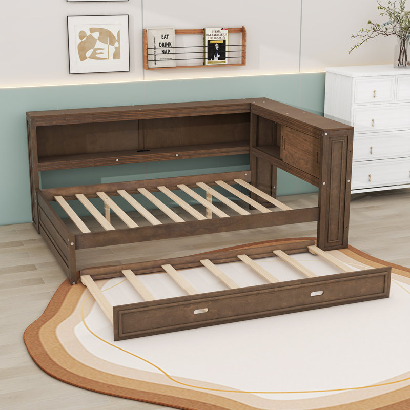 Full-Size Wooden Daybed with LED Light, Storage Shelves, USB Charging Station, and Twin Trundle, Antique Wood