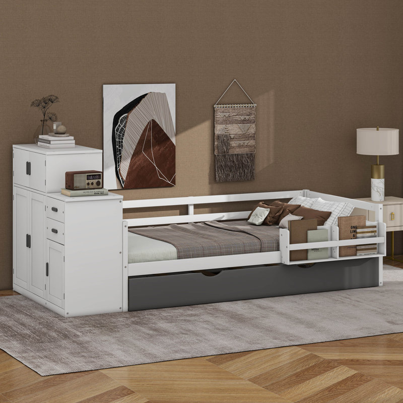Lit plateforme simple en bois avec bibliothèque intégrée, garde-robe et lit gigogne, Blanc