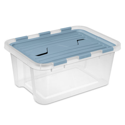 Sterilite 20 Qt Hinged Lid Storage Box, Plastic Container, Washed Blue, 18 Pack