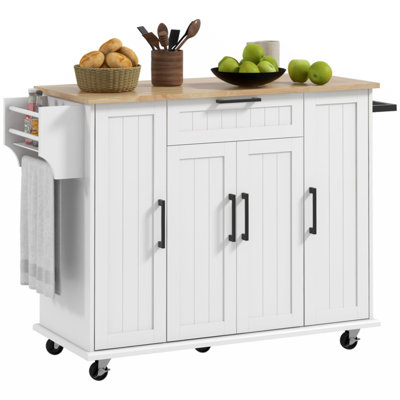 Kitchen Island On Wheels, Rolling Kitchen Cart With Rubberwood Top, Drawer, Spice Rack, Towel Rack, Storage Cabinet With Inner Adjustable Shelves, Whi -  Red Barrel StudioÂ®, 49469CBB3435443083B0DCD97711099D