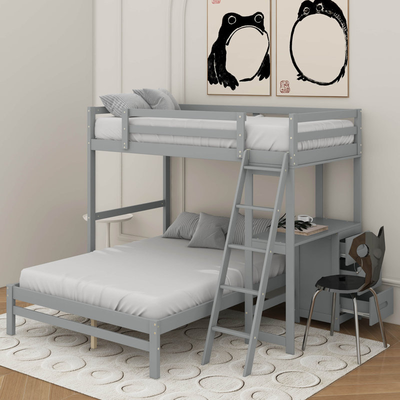 Twin Over Full Bunk Bed With Built-In Desk And Three Drawers, Gray