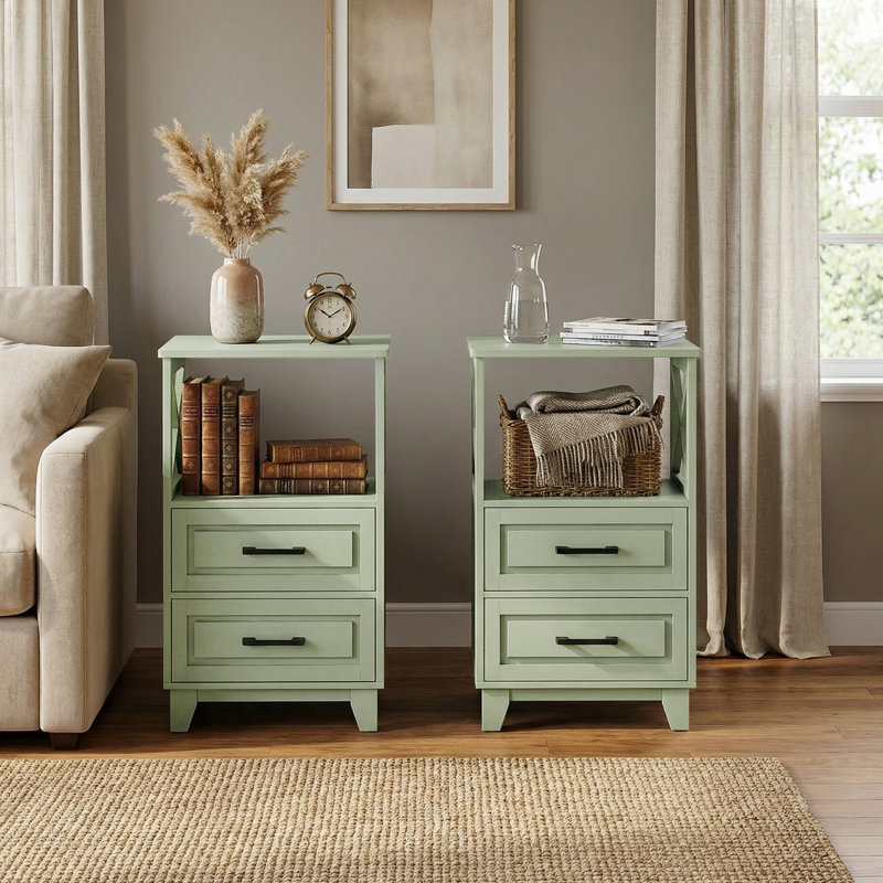 Marnae 2-Drawer Wood Nightstand, Set of 2, Green