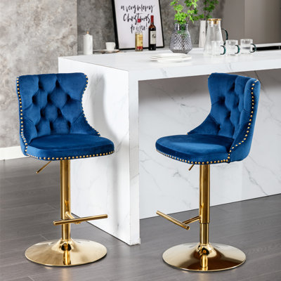 Réglable, de 2 - Velours bleu de style moderne, dossier pour le confort dans la cuisine de pub, tabourets de bar de 33 à 33 po, assise en pouces, rembourré avec et
