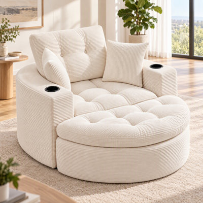 Canapé-lit rond surdimensionné avec méridienne et repose-pieds.

Fauteuil de lecture beige capitonné avec assise profonde et 3 coussins. Aucun assemblage requis. Parfait pour le salon ou la chambre.
