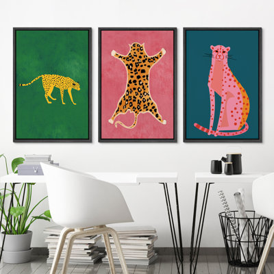 Bright Preppy Animals "Pop Vibrant Bold Green Pink Blue Artwork, Chic Tiger Leopard Colorful Wall Pictures, 3 Pieces Framed Canvas Giclee Digital Print Wall Art"